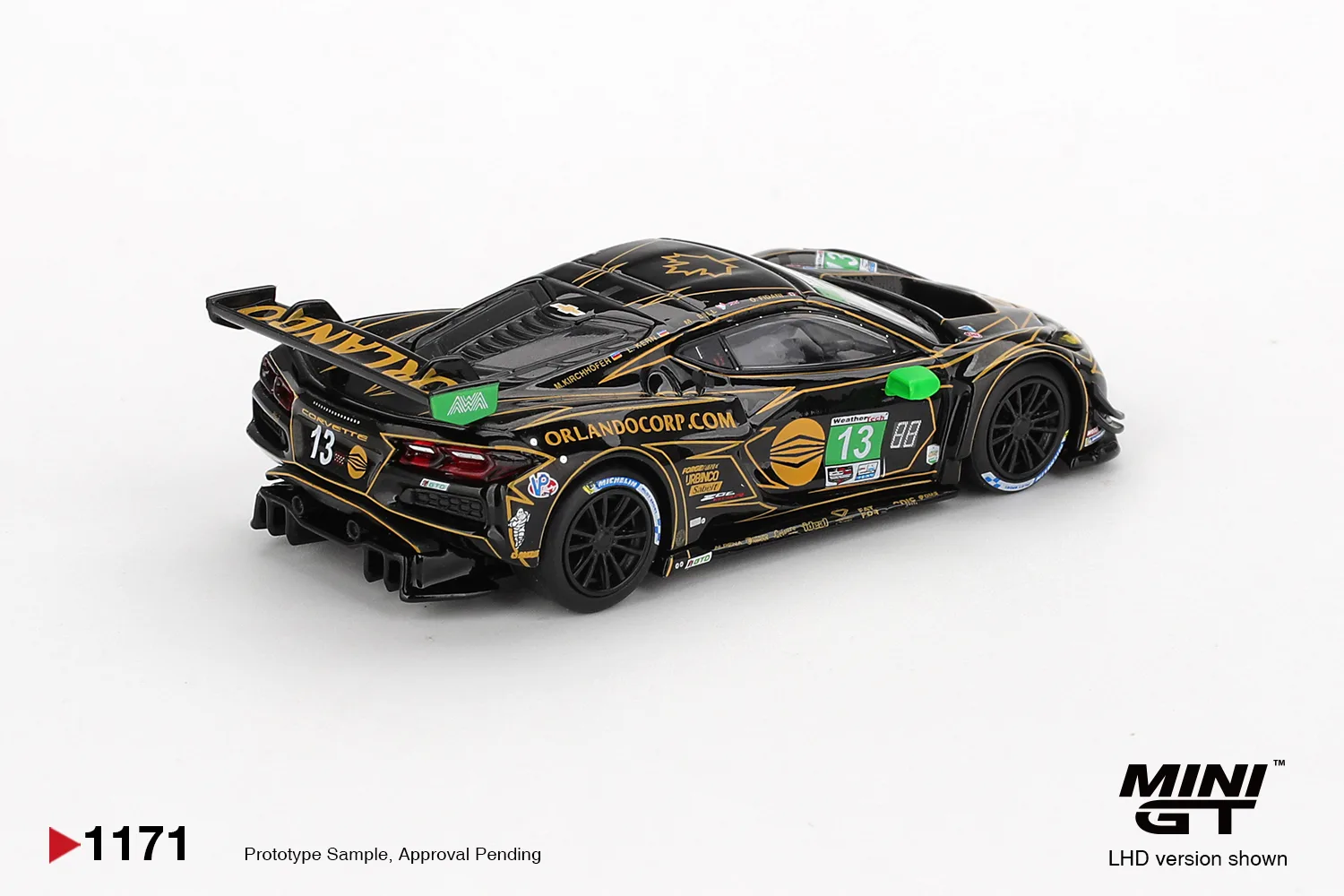 Mini GT #1171 Chevrolet Corvette Z06 GT3.R #13 Awa 2025 IMSA Daytona 24 Hrs 1/64 diecast model view 2