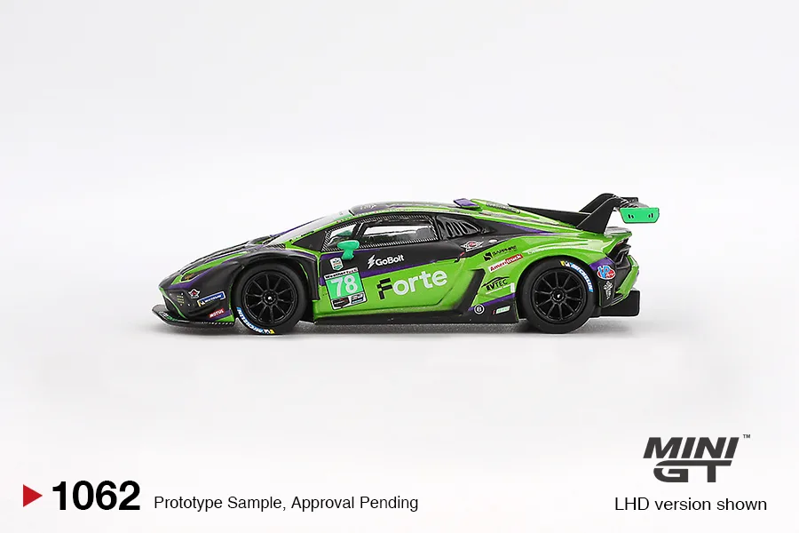 Mini GT #1062 Lamborghini Huracán GT3 EVO2 #78 Forte Racing 2024 IMSA Daytona 24 Hrs 1/64 diecast model view 2