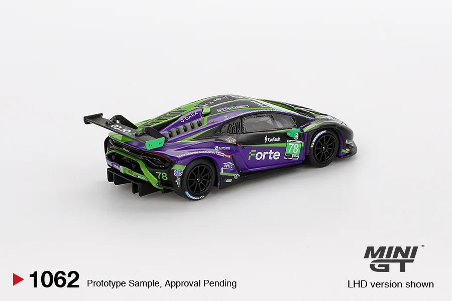 Mini GT #1062 Lamborghini Huracán GT3 EVO2 #78 Forte Racing 2024 IMSA Daytona 24 Hrs 1/64 diecast model view 3