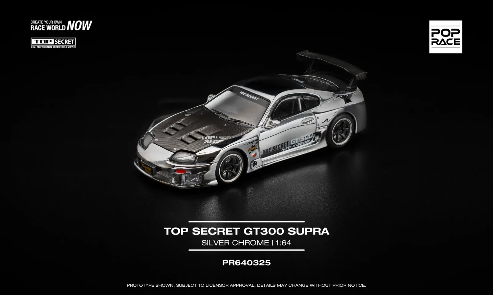 Pop Race POP RACE TOP SECRET GT300 SUPRA – SILVER CHROME 1/64 Scale Diecast Model