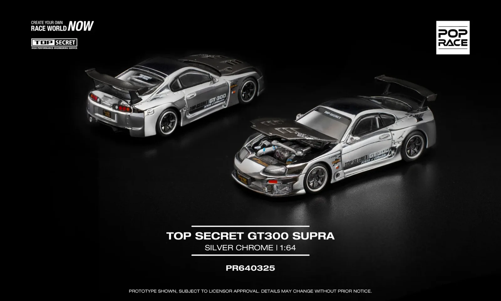 Pop Race Top Secret GT300 Supra – Silver Chrome 1/64 diecast model view 2