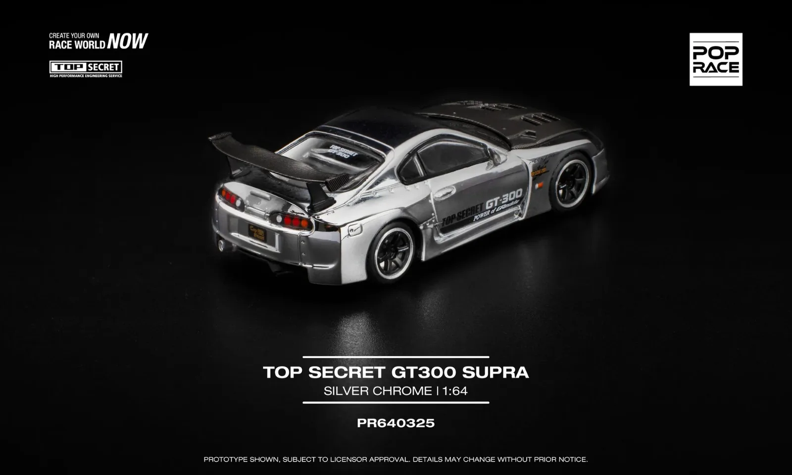 Pop Race Top Secret GT300 Supra – Silver Chrome 1/64 diecast model view 3