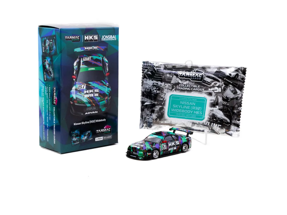 Tarmac Works Nissan Skyline (R32) Widebody HKS with Tarmac Cards Combo Set 1/64 diecast model view 3