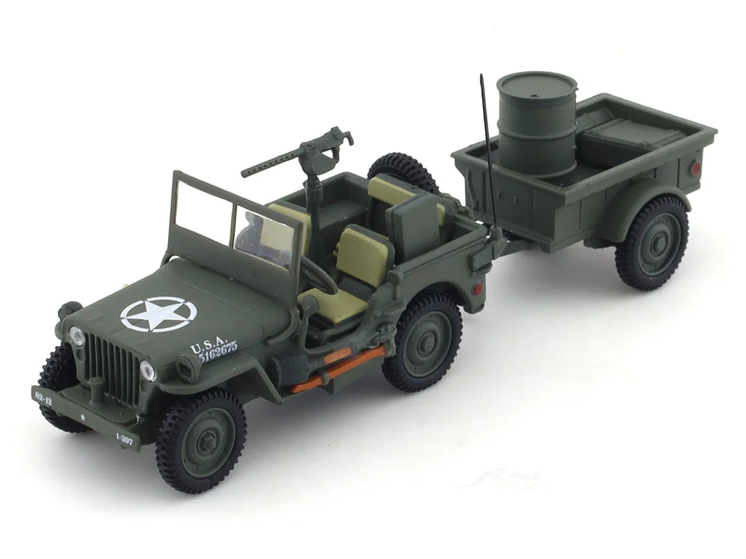 TIMEMICRO Willys Jeep with Trailer (Olive Drab) 1/64 diecast model view 2