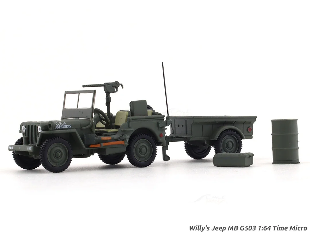 TIMEMICRO Willys Jeep with Trailer (Olive Drab) 1/64 Scale Diecast Model