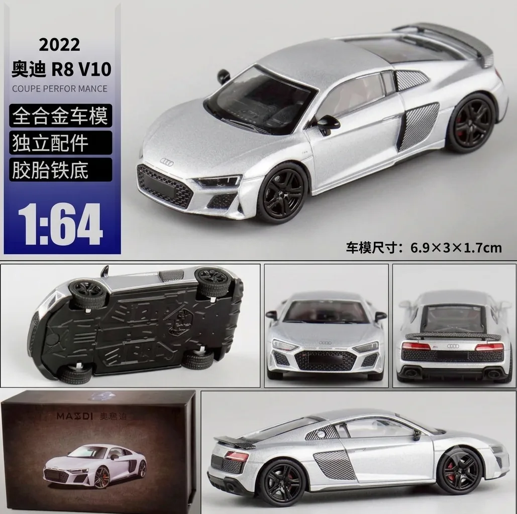 MASSDI MASSDI Audi R8 V10 White Diecast Alloy Model Car 1/64 Scale Diecast Model