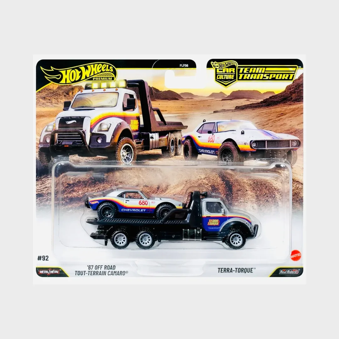 Hot Wheels Hot Wheels Premium Team Transport ’67 Off Road Tout-Terrain Camaro and Terra-Torque  1/64 Scale Diecast Model