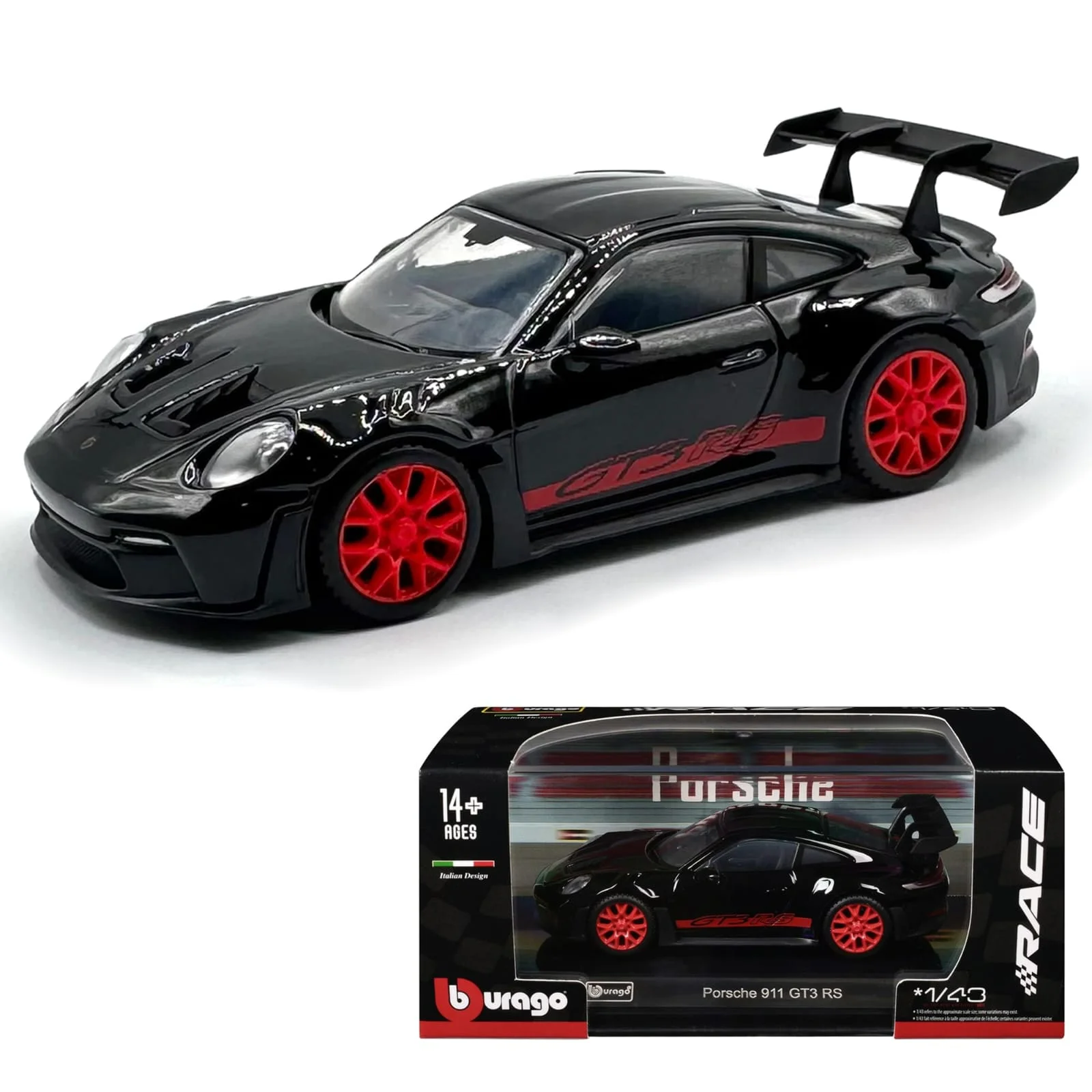 Bburago Porsche 911 GT3 RS (Black with Red Accents) 1/43 Scale Diecast Model