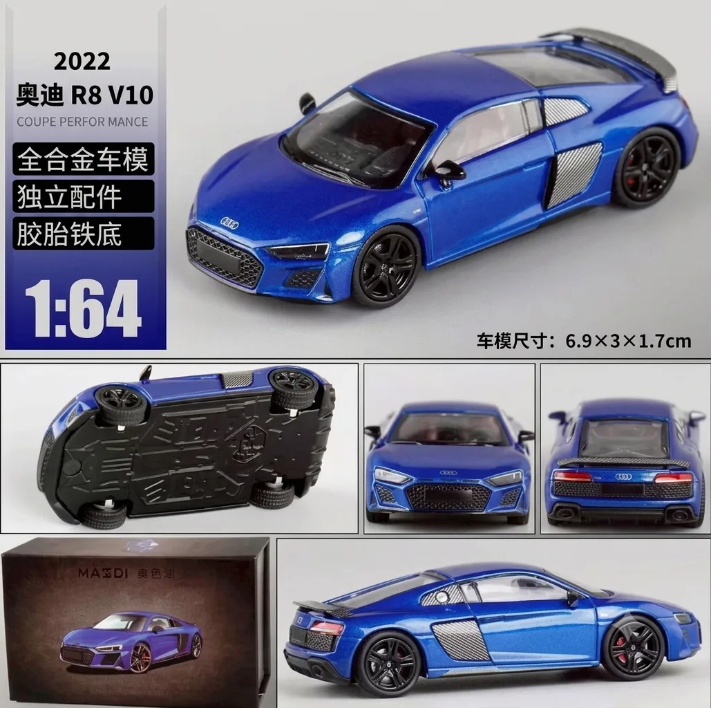MASSDI MASSDI Audi R8 V10 Blue Diecast Alloy Model Car 1/64 Scale Diecast Model