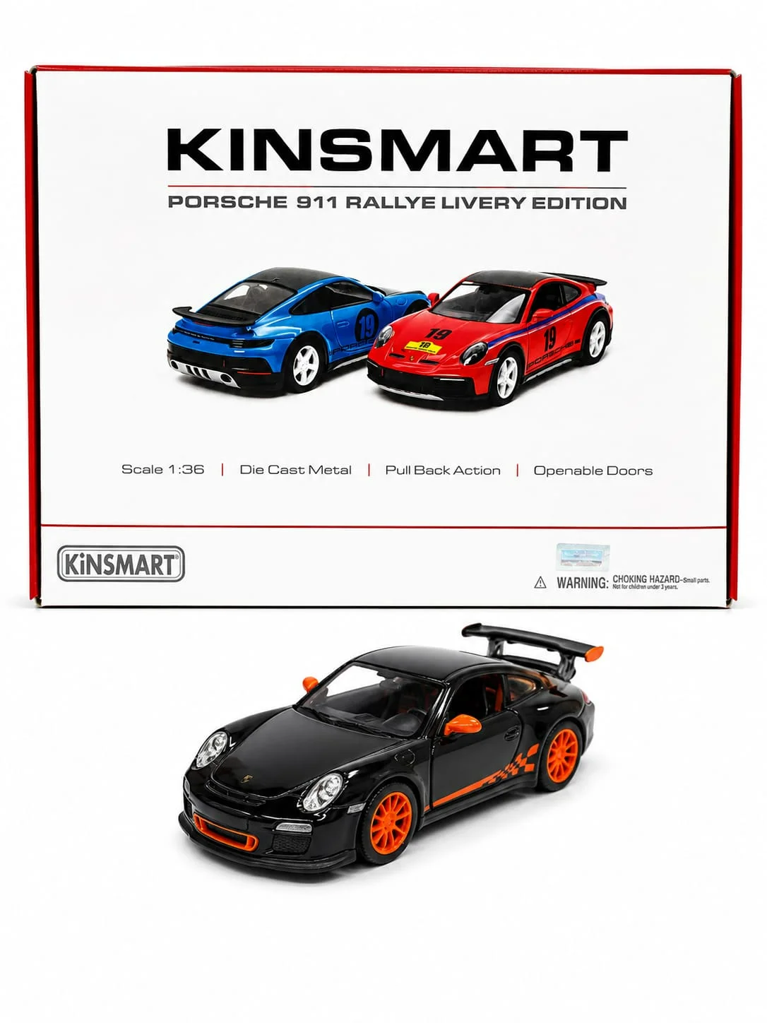 Kinsmart Porsche 911 GT3 RS (Black/Orange Accents) 1/36 Scale Diecast Model