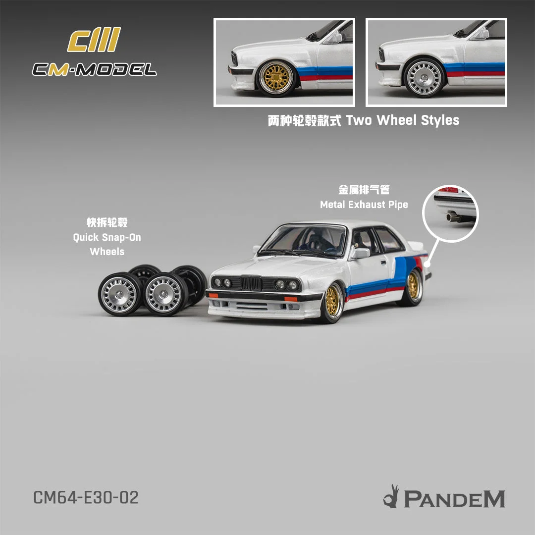 CM Model BMW E30 Pandem V1 - Alpine White / M-Stripes 1/64 (Acrylic Case) Scale Diecast Model