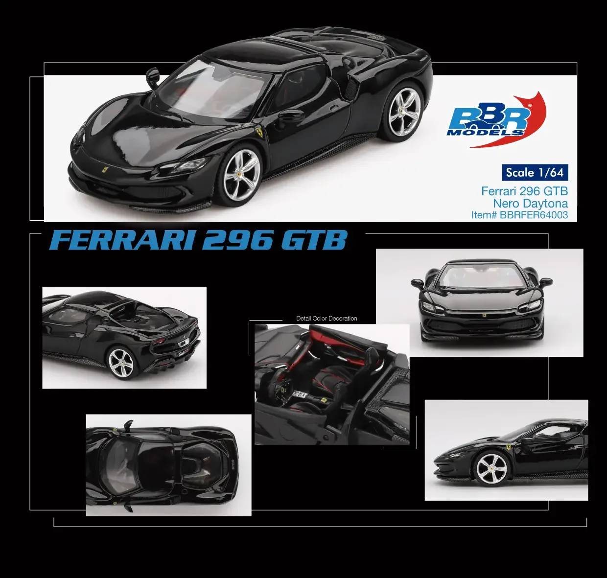 BBR Ferrari 296 GTB Nero Daytona 1/64 Scale Diecast Model