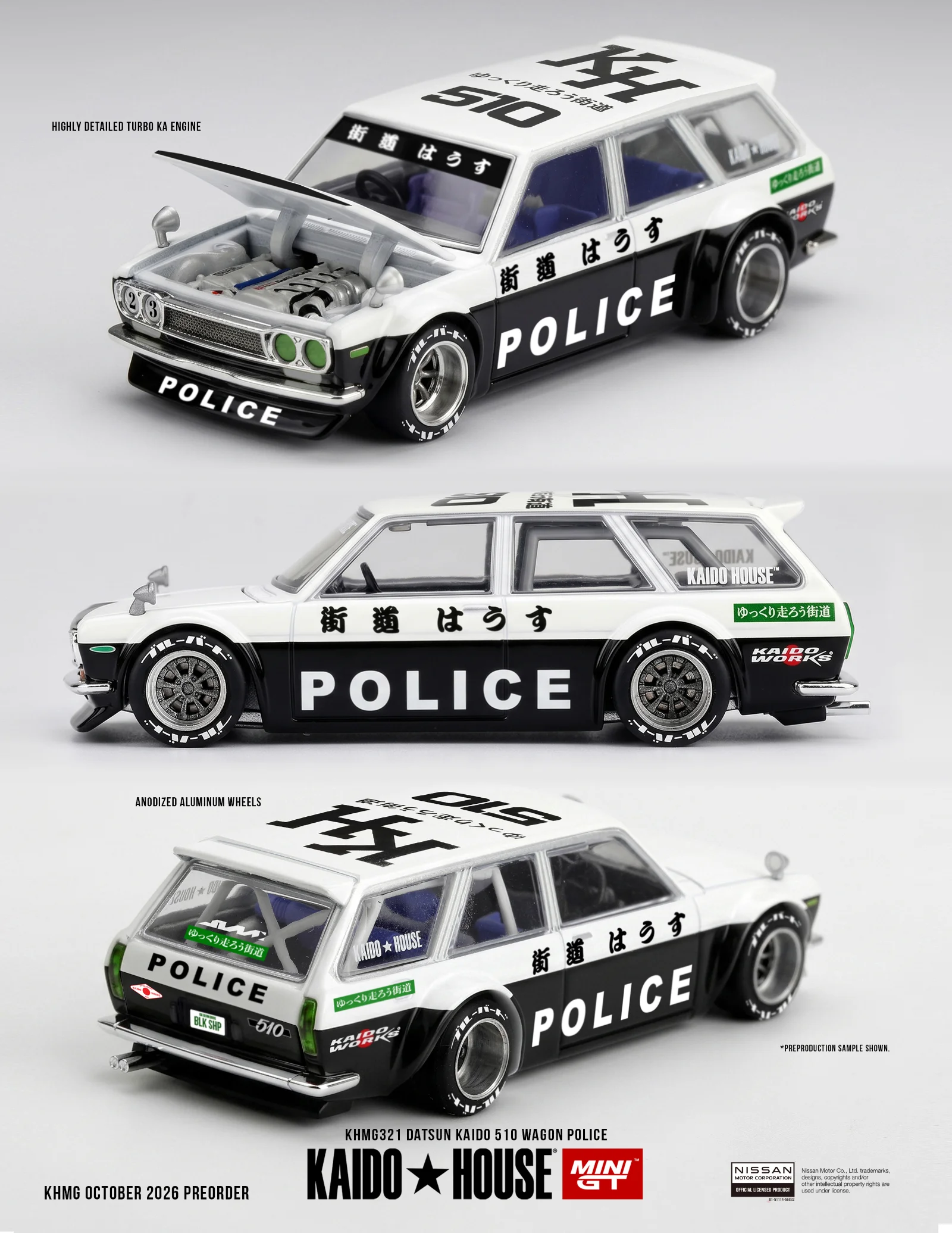 Kaido House x Mini GT Datsun Kaido 510 Wagon Police #321 1/64 Scale Diecast Model