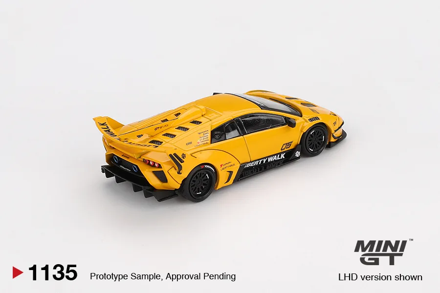 Mini GT #1135 Lamborghini LB-Silhouette Works Murcielago GT Evo Yellow 1/64 diecast model view 2