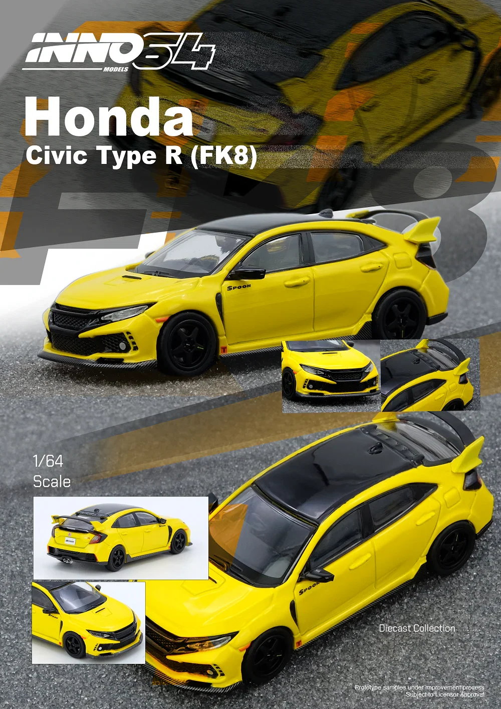 Inno64 Honda Civic Type R (FK8) - Yellow - Inno64 1/64 Scale Diecast Model