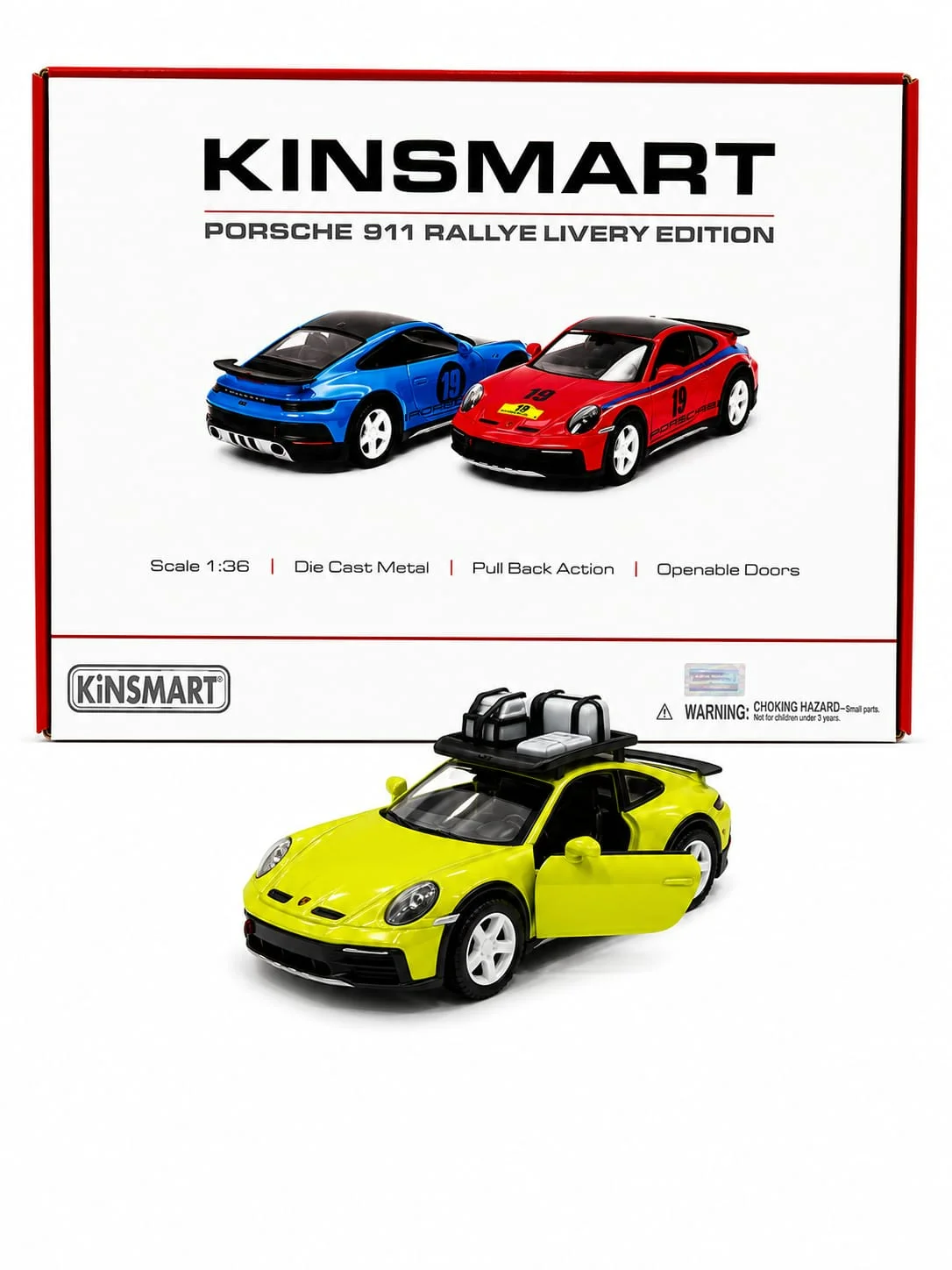 Kinsmart Porsche 911 GT3 with Roof Luggage (Yellow) 1/36 Scale Diecast Model