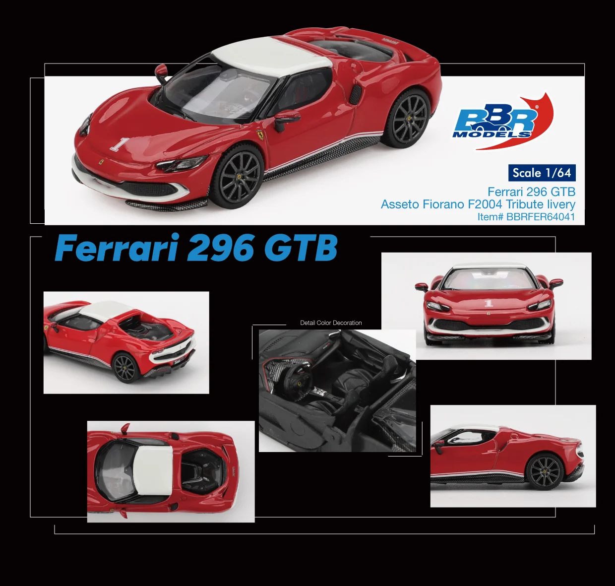 BBR Ferrari 296 GTB Assetto Fiorano - F2004 Tribute Livery 1/64 Scale Diecast Model